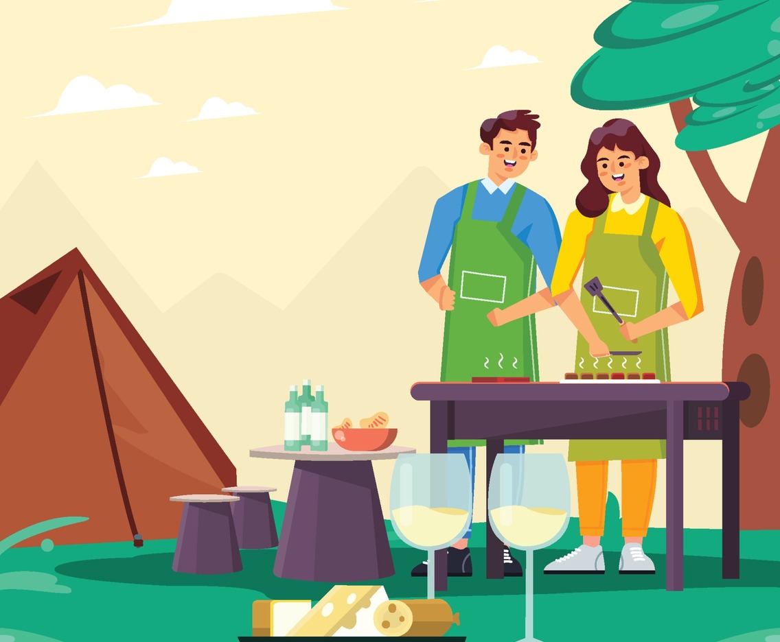 Man and Woman Grill Meat Together During Camping Concept