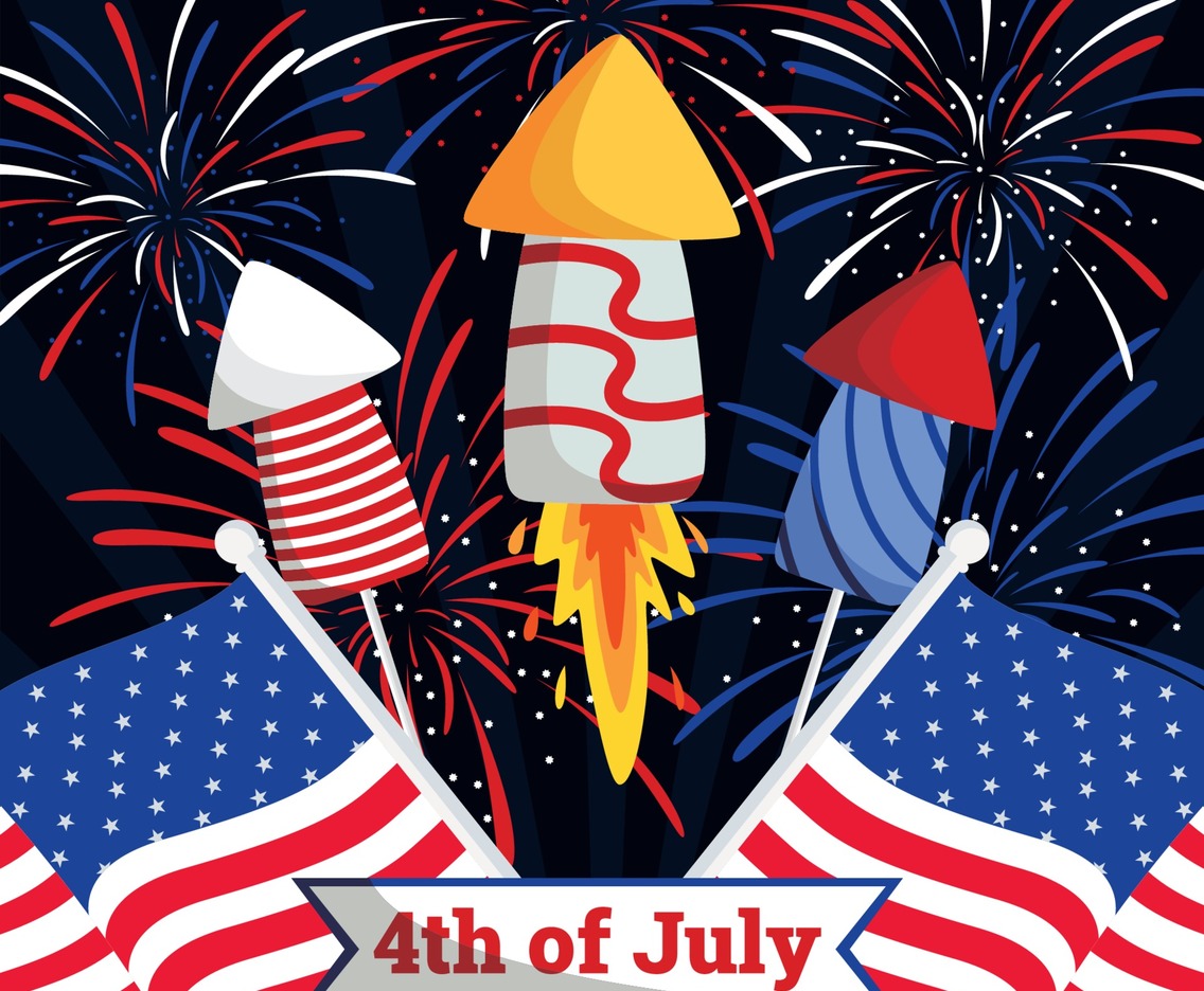 Fireworks with American Flag for USA 4th of July Independence Day