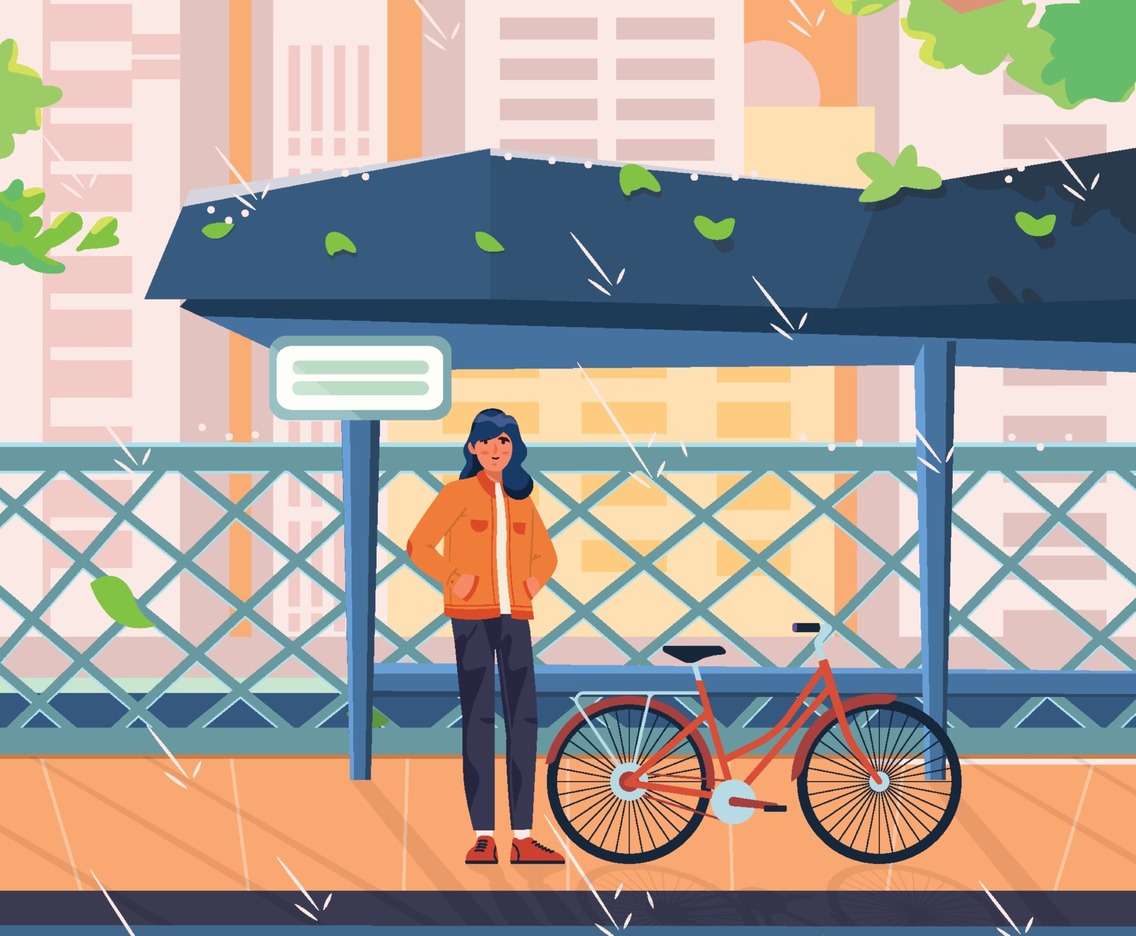 Woman With Bicycle Waiting On A Rainy Day