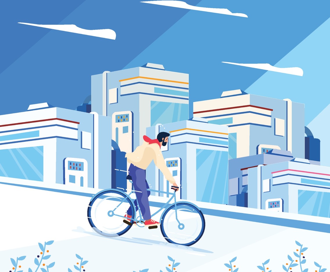 Man Cycling With Futuristic City Buildings Concept