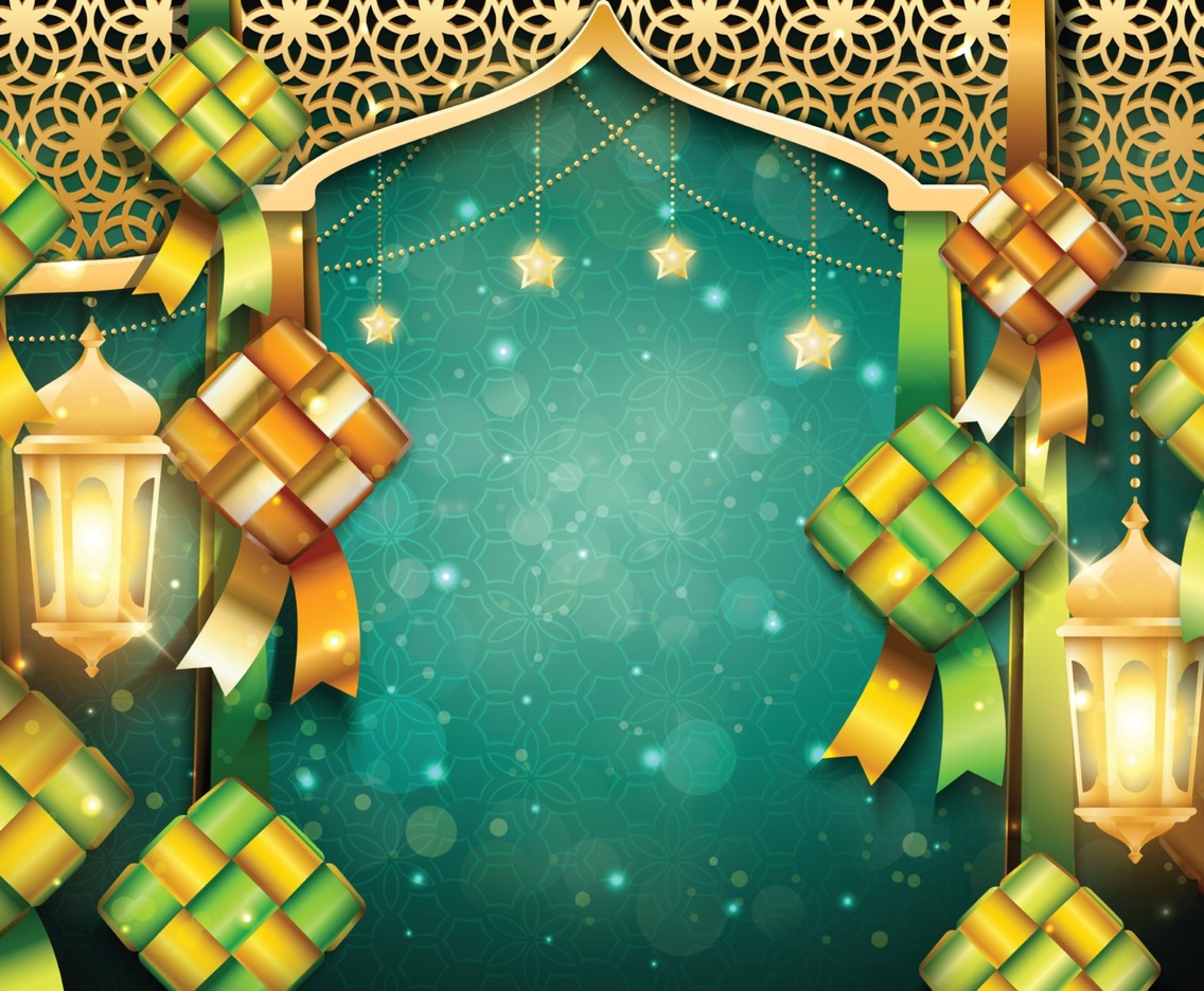 Eid Mubarak Background with Ketupats and Lanterns