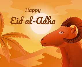 Eid Al Adha Day with Goat and Desert Background