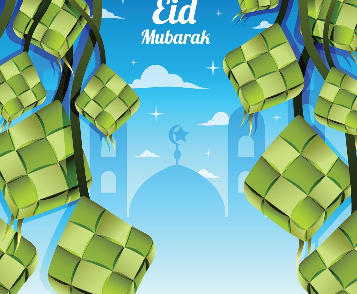 Eid Mubarak with Ketupat and Mosque Template