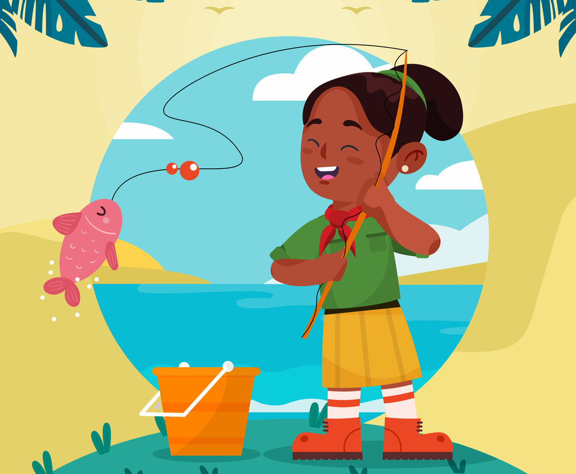 Happy Girlscout Catch A Fish Concept