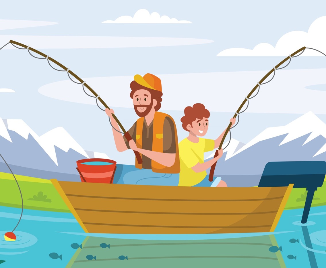 Father and Son Fishing on Lake