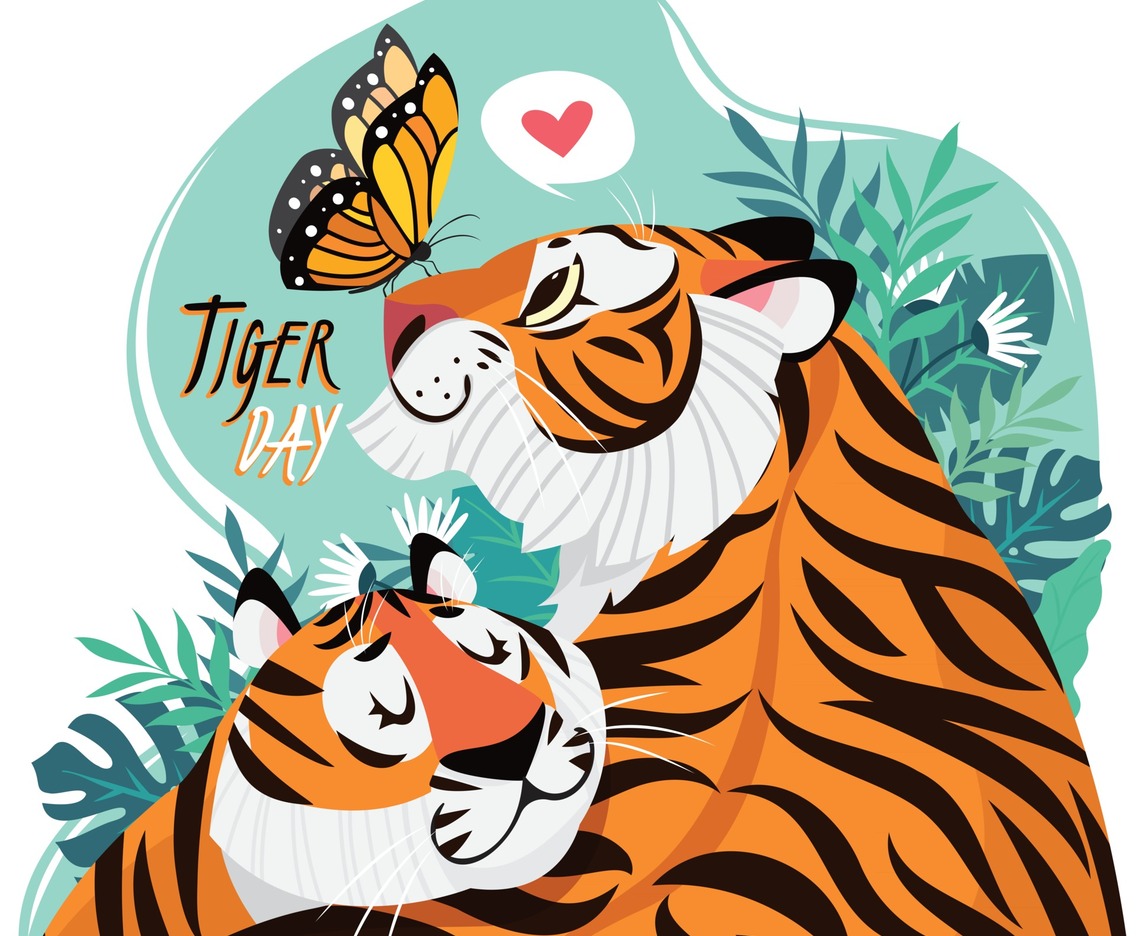 Celebrating Tiger Day with Tigers and Butterfly Concept