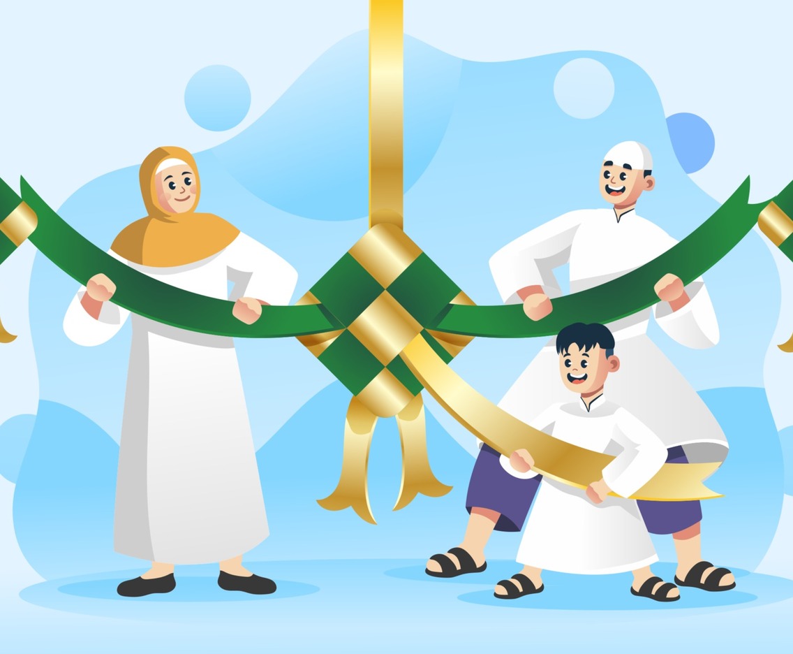 Happy Family Crafting Ketupat for Eid