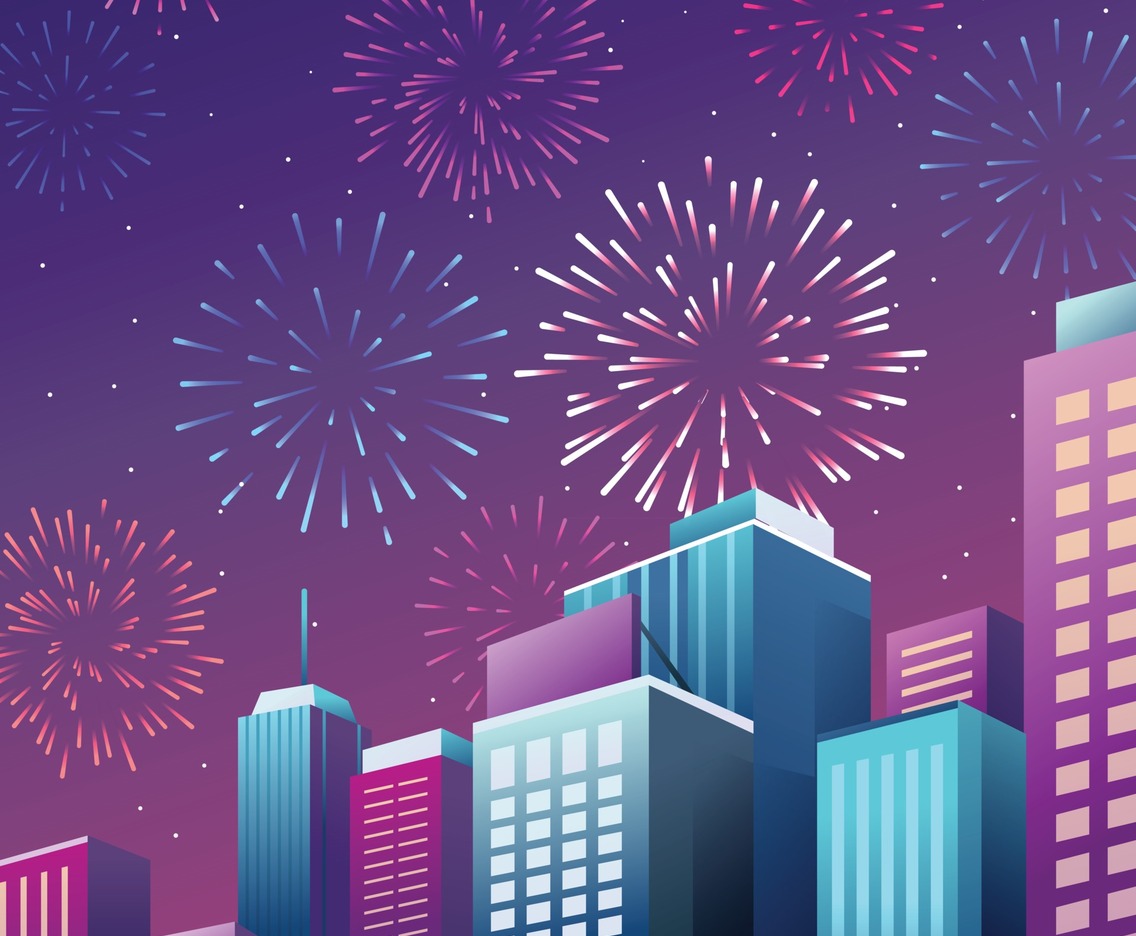 Night City With Firework In The Sky