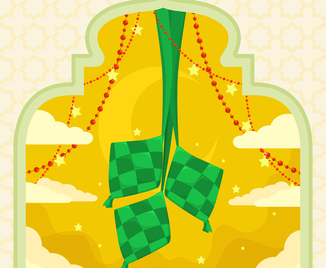 Ketupat Rice In Frame with Mosque Door And Stars around