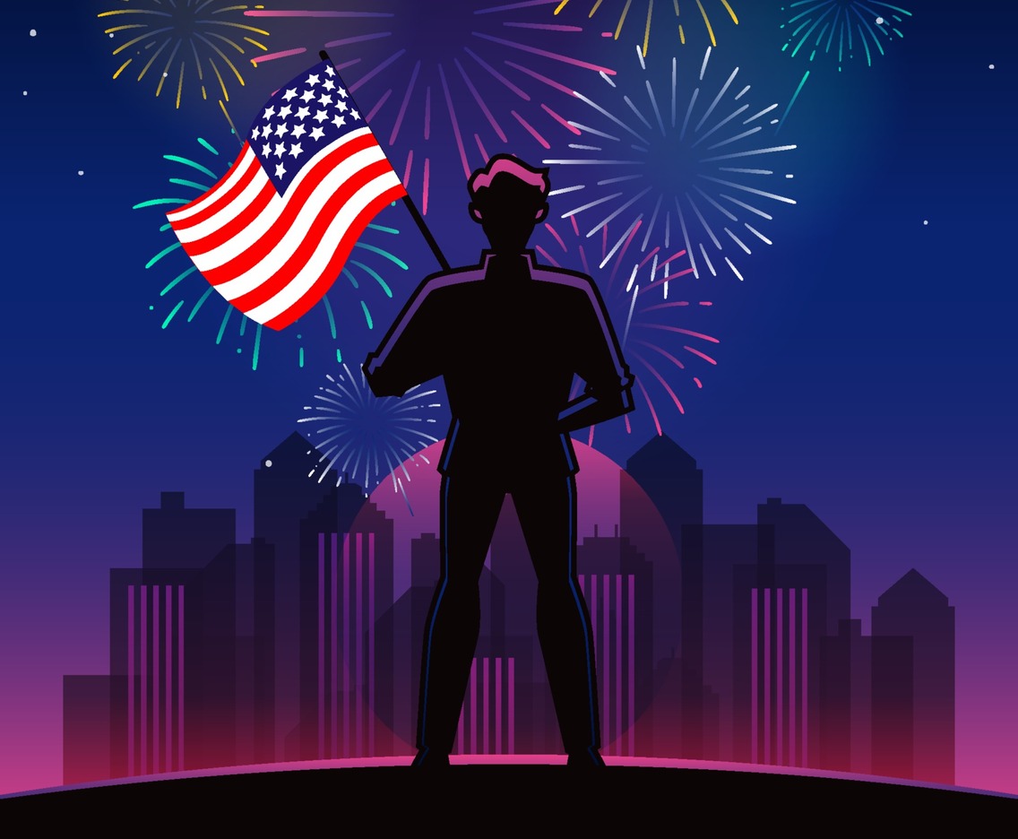 Man Silhouette Holding USA Flag at Fireworks Night