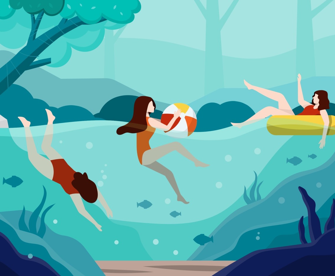 Swimming Activity on River at Summer