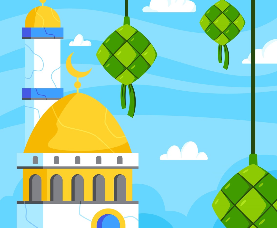 Eid Mubarak with Ketupat and Mosque Background