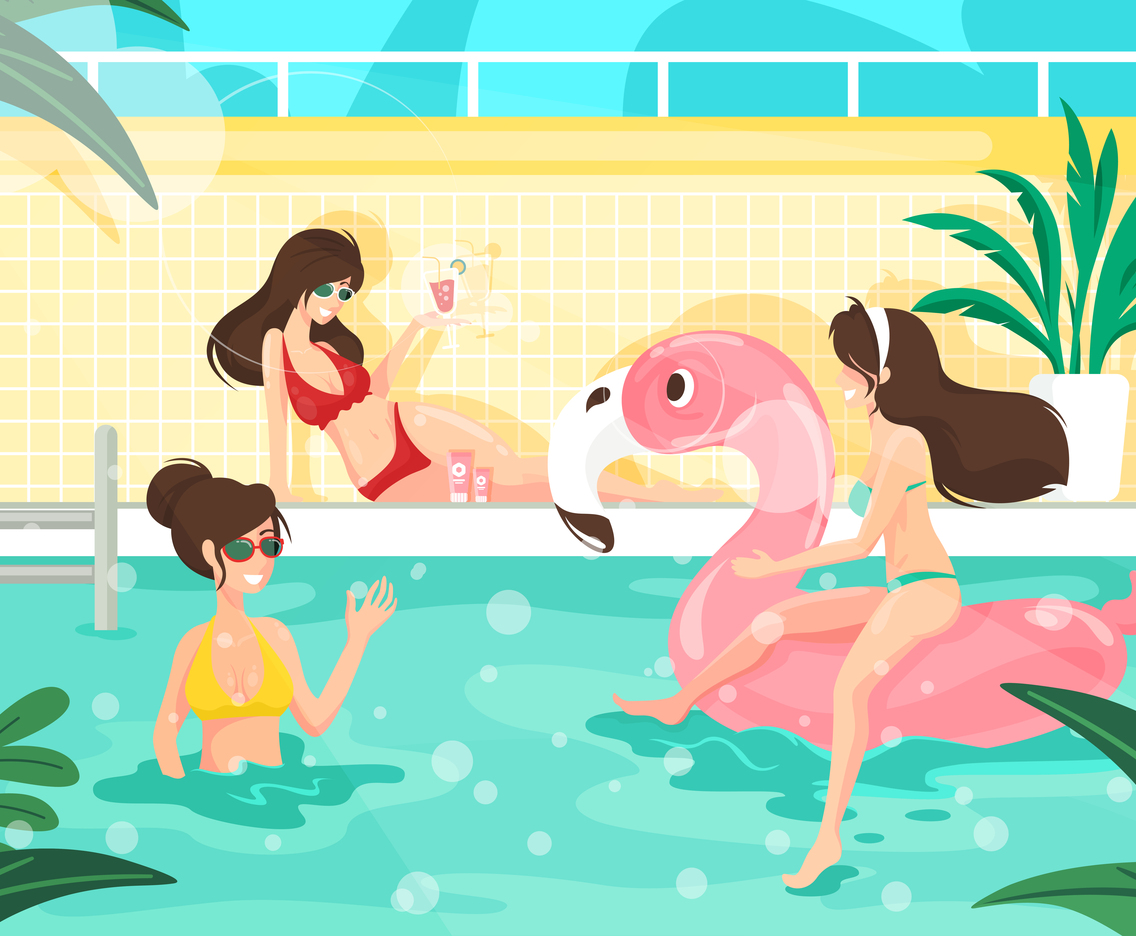 Young Girls Relaxing in Summer Pool