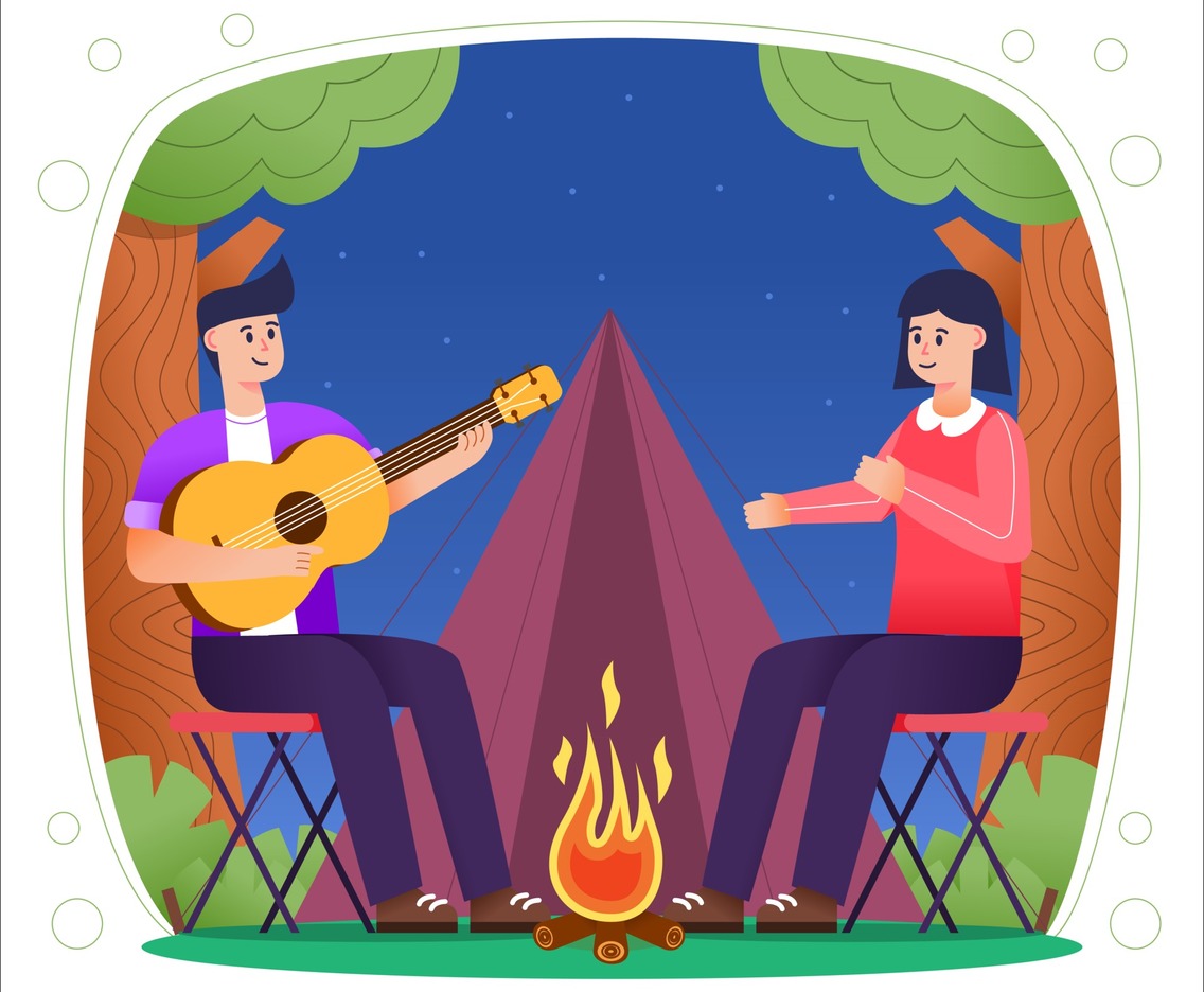 Summer Camping with Bonfire and Couple Concept
