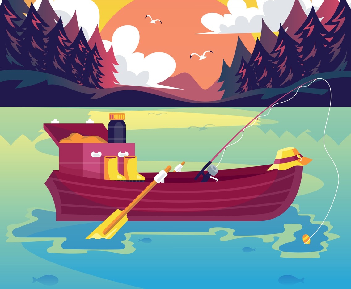 Boat Lake Landscape with Fishing Equipment