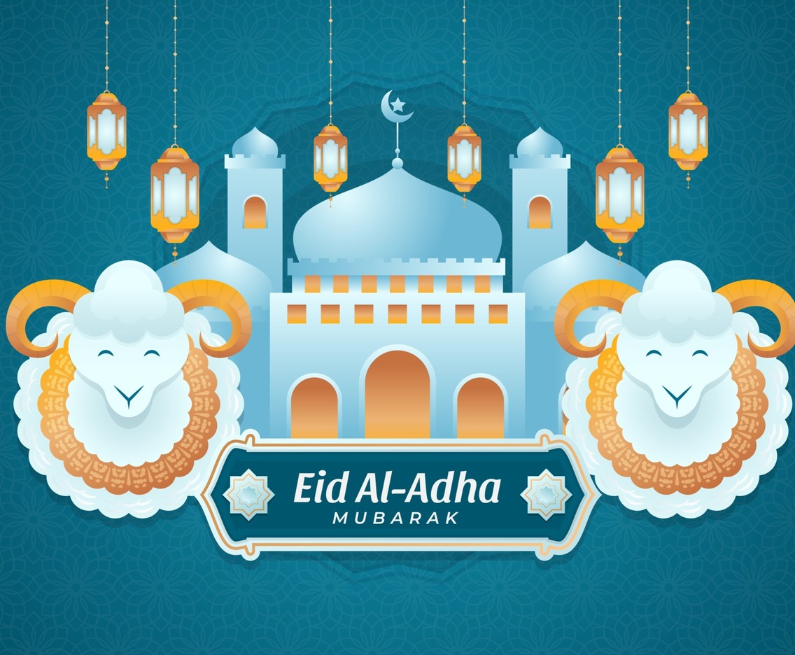 Eid Al Adha Background with Mosque and Sheep