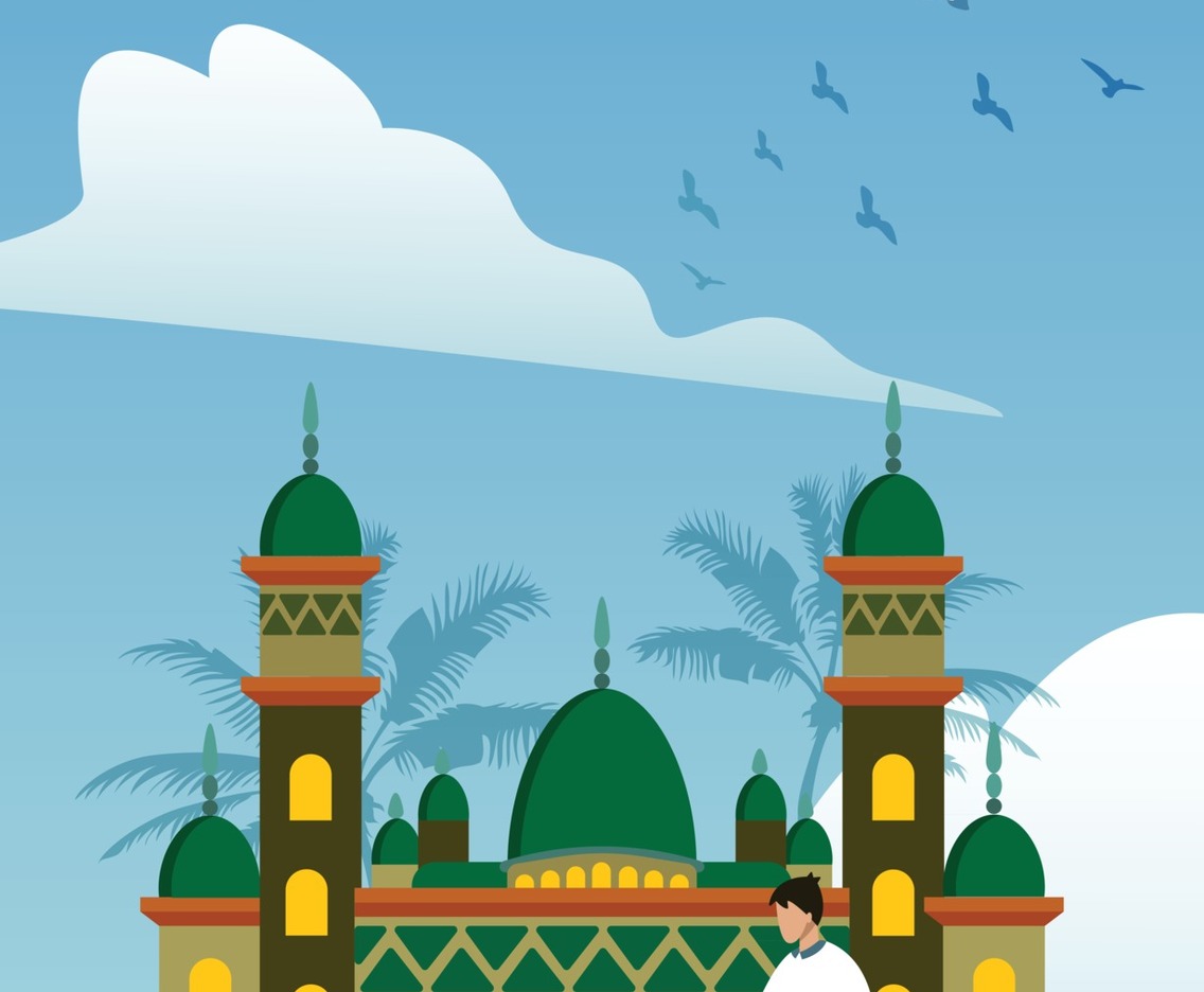 A moslem hold a goat in front of the mosque