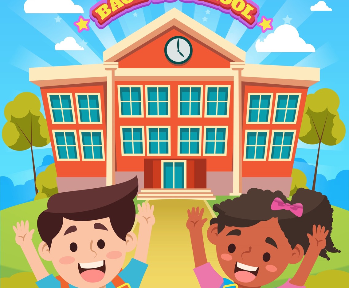 Happy Kids in Front of School