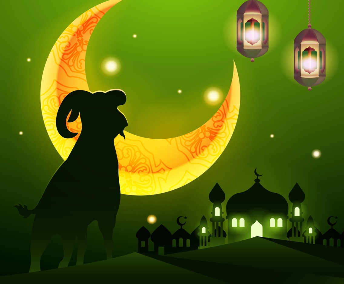 Eid Adha background with mosque and goat silhouette