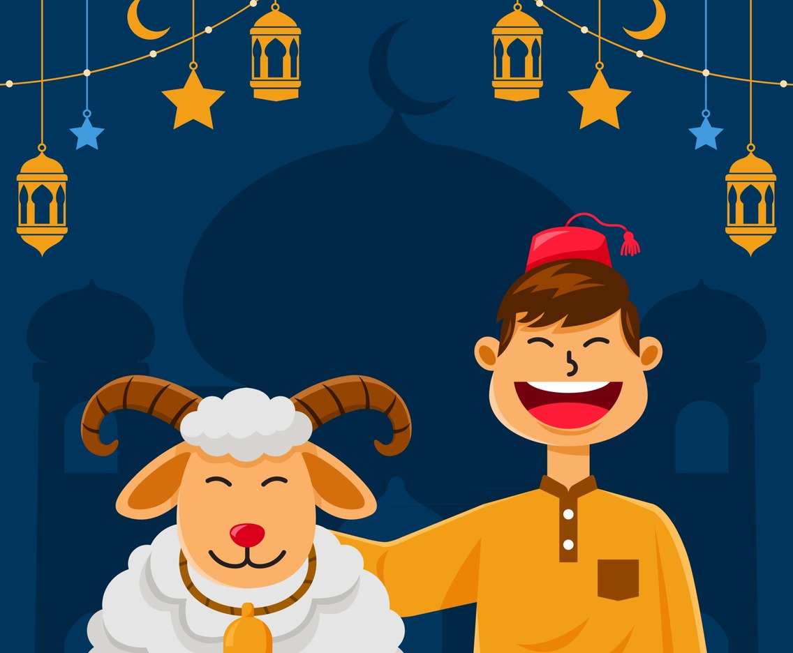 Happy Sheep And Smiling Moslem Celebrating Eid Adha