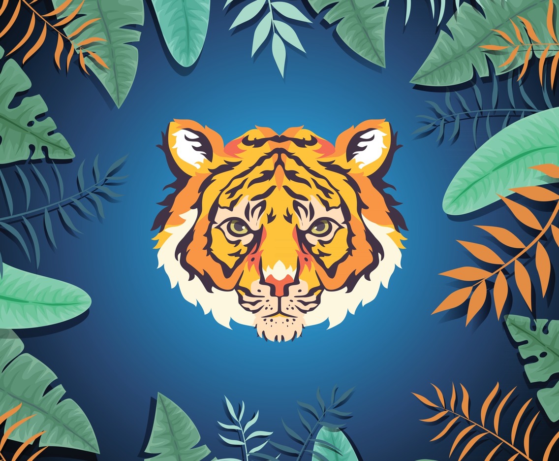 Tiger Head with Leaves