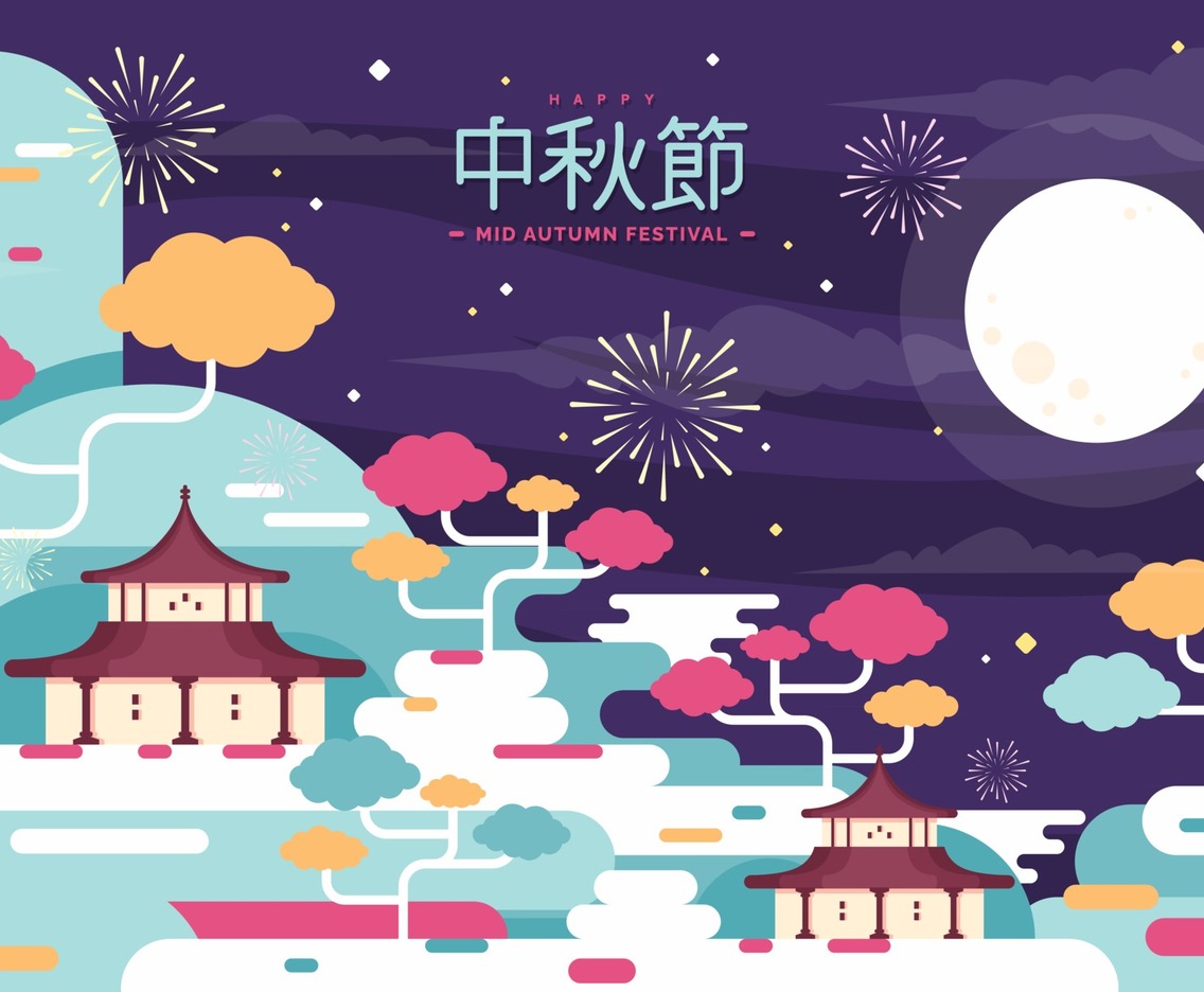 Flat Chinese Temple with Mid Autumn Festival Background
