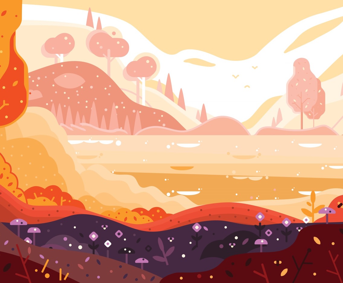 Autumn Forest with River and Mountain