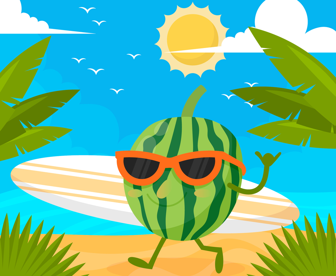 Summer Watermelon Character with Surfboard