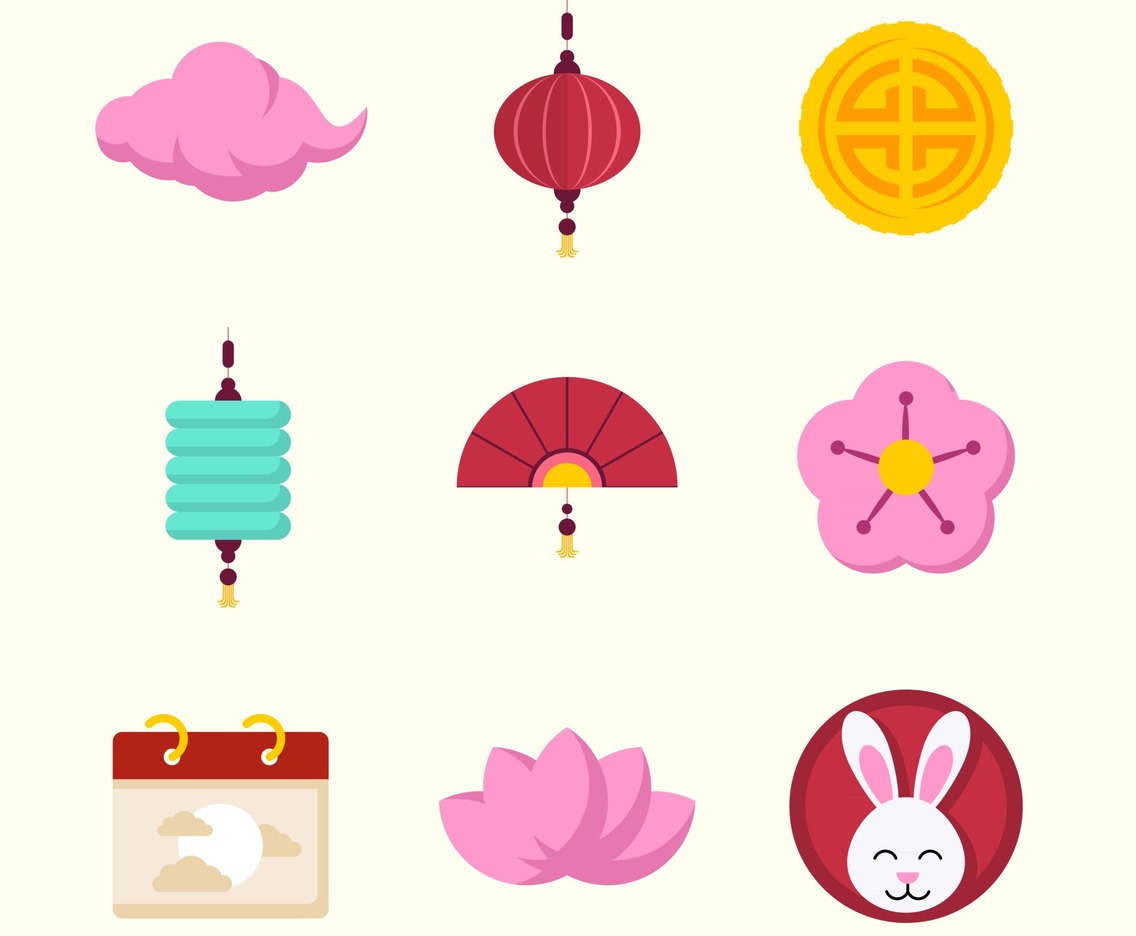 Simple Flat Mid Autumn Icon Set