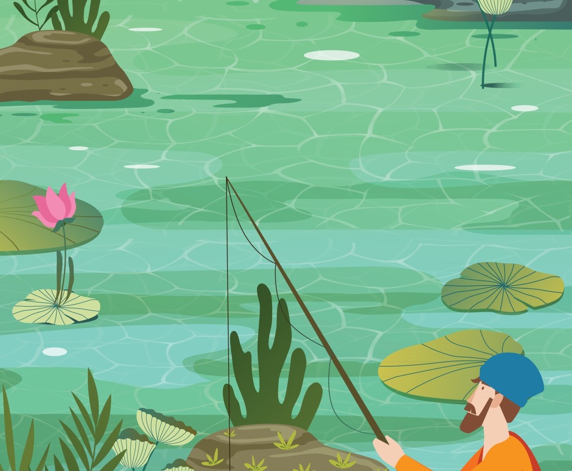 Man Sitting and Fishing on Summer Lake