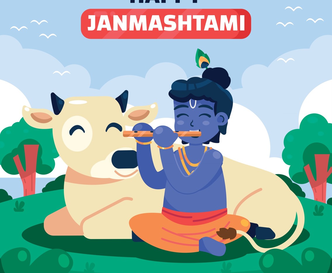 Janmashtami Greeting with Little Krishna and Cow