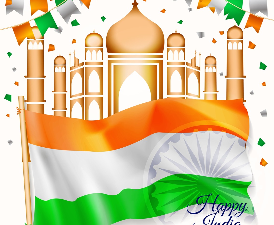 India Independence Day with realistic flag and Taj Mahal icons
