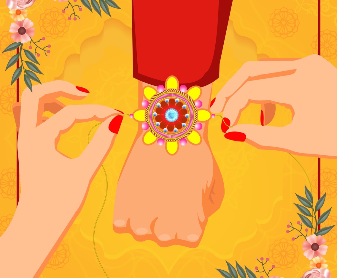 A female tying a knot on man wrist for Raksha Bandhan
