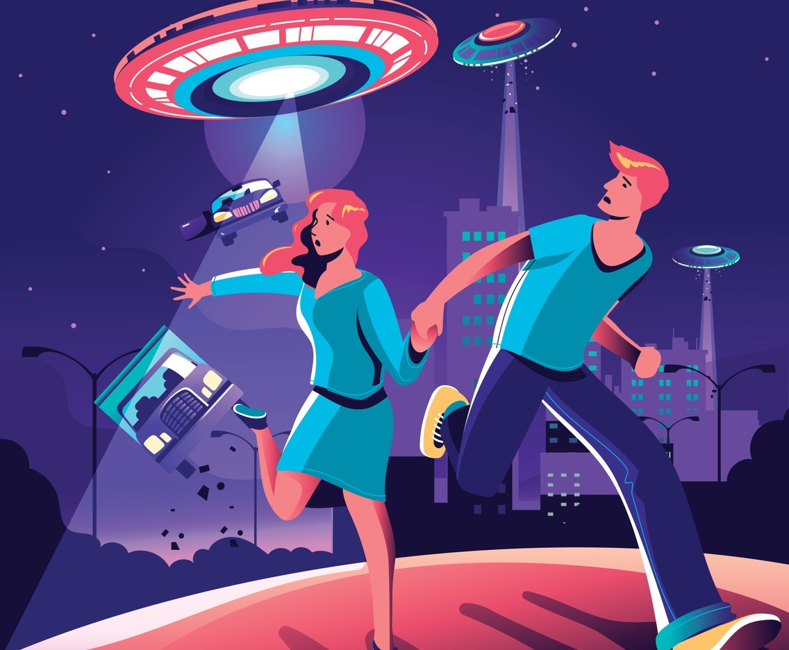 Couple Runaway from UFO Invasion in the City