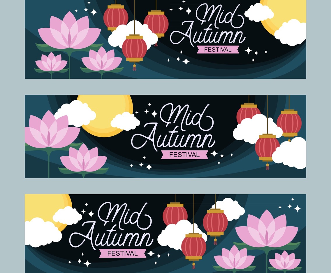 Flat Colorful  Happy Mid Autumn Banner Template Set