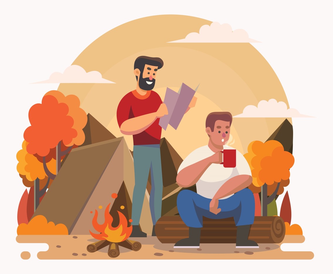 Two Man Resting at Camp Fire in Forest