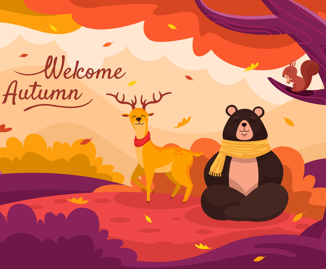 Bear, Deer, and Squirell at Autumn Scenery