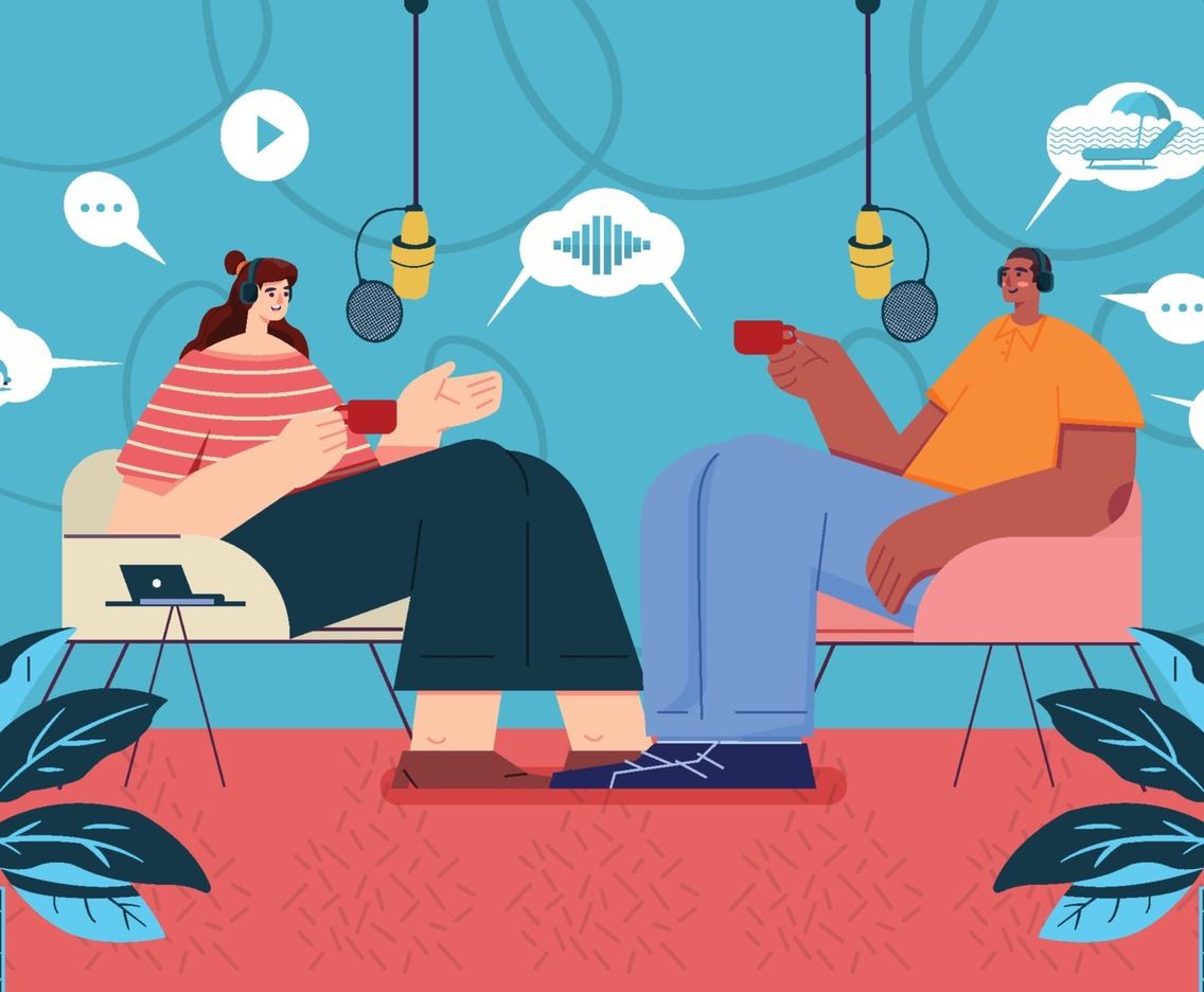 Man and Woman With Doing Podcast Conversation