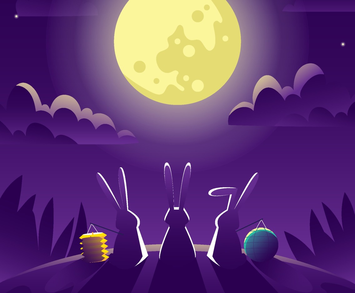 Three Rabbits Watching Full Moon