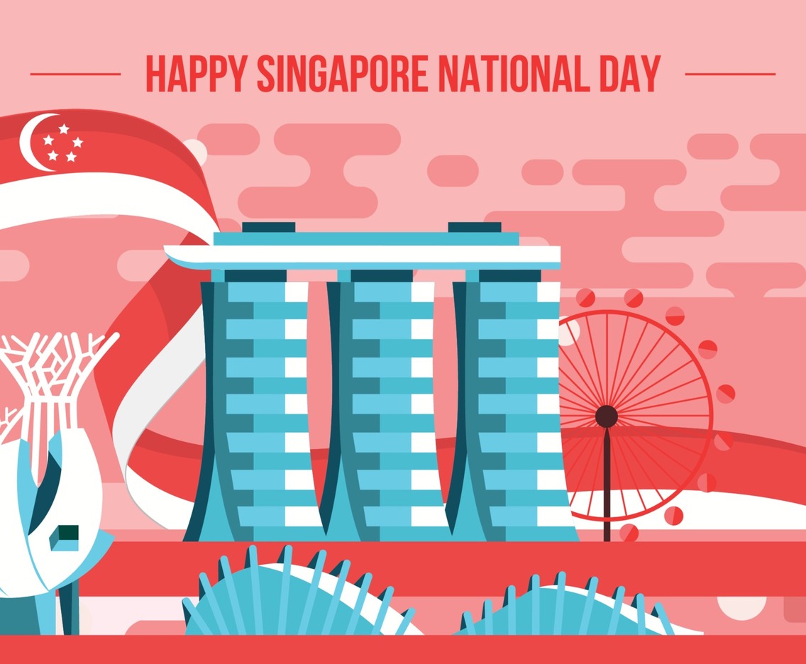 Singapore Landmarks With National Flag Background