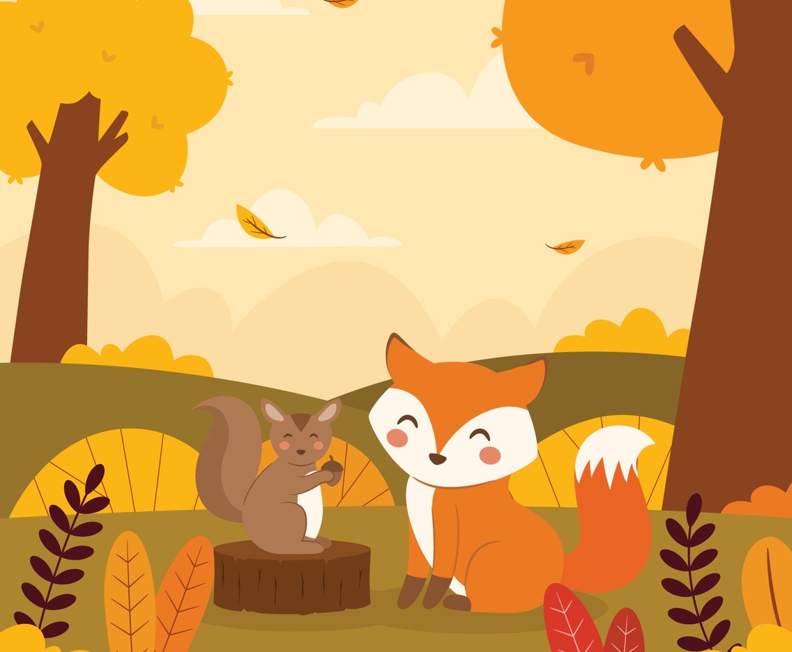 Cute Squirrel and Fox in Autumn Landscape
