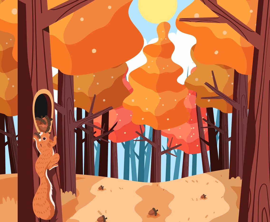 Sunny Light Autumn Season Forest with a Squirel