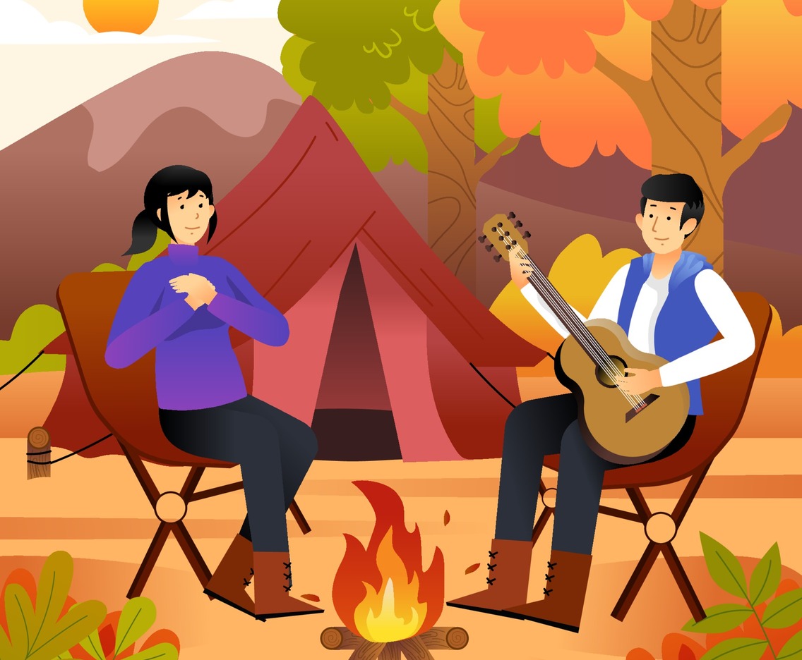 Couple Relaxing at Autumn Camping Hill Site