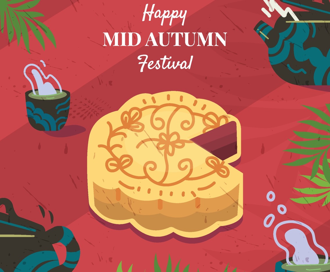 Moon Cake On The Table With Teapot and Cup of Tea Concept