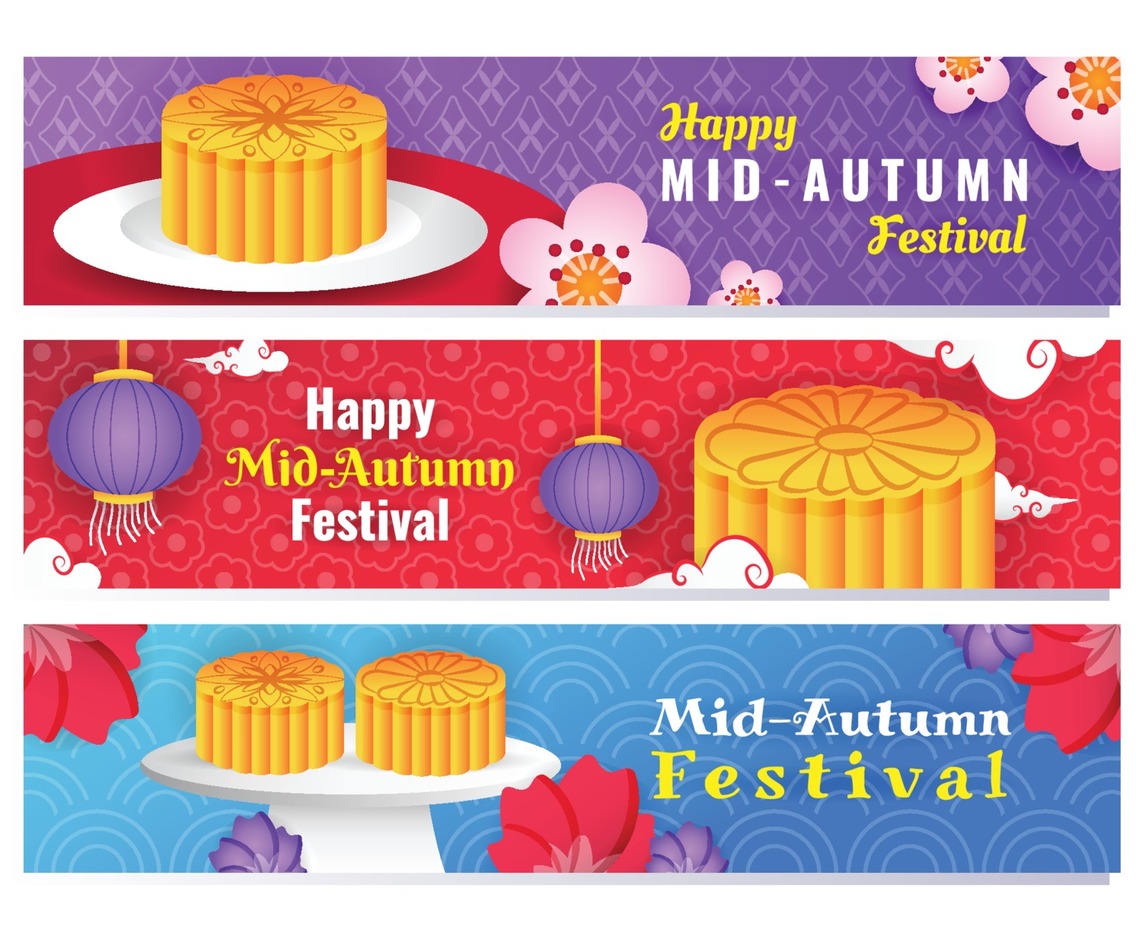 Happy Mid Autumn Festival with Mooncake Banner Template Set