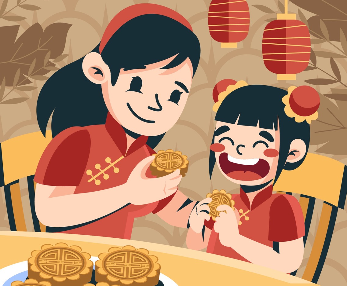 Mom and Daughter Eating Mooncake