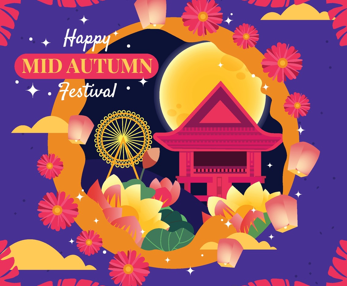 Asian Temple with Flowers on Mid Autumn Festival