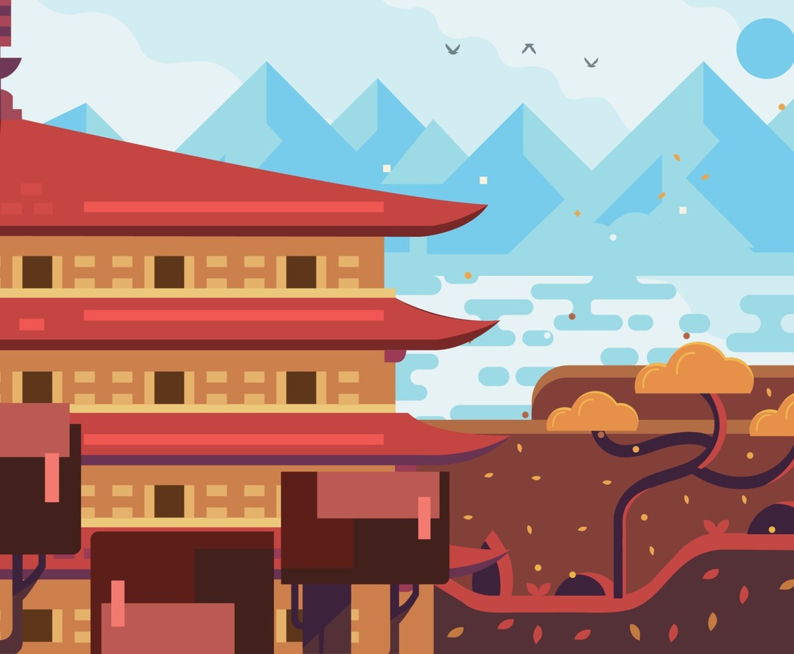 Asian Temple with Mountain and Sea View Background