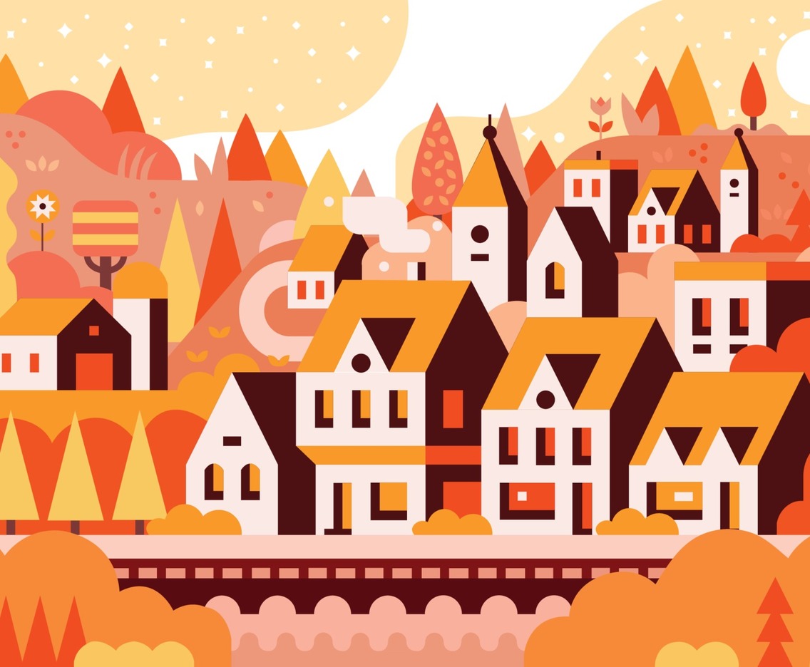 Suburban Surrounded by Woods Scenery in Autumn