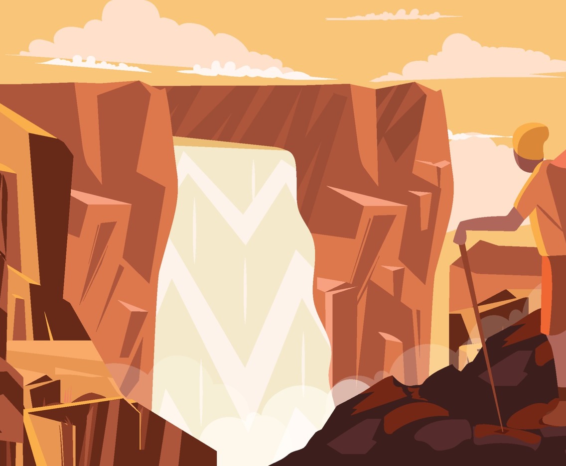 Man See Giant Waterfall from Cliff